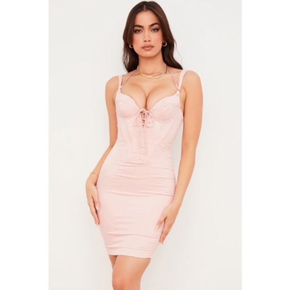 HOUSE OF CB Marsha Ballet Pink Satin Corset Bodycon Mini Dress XS